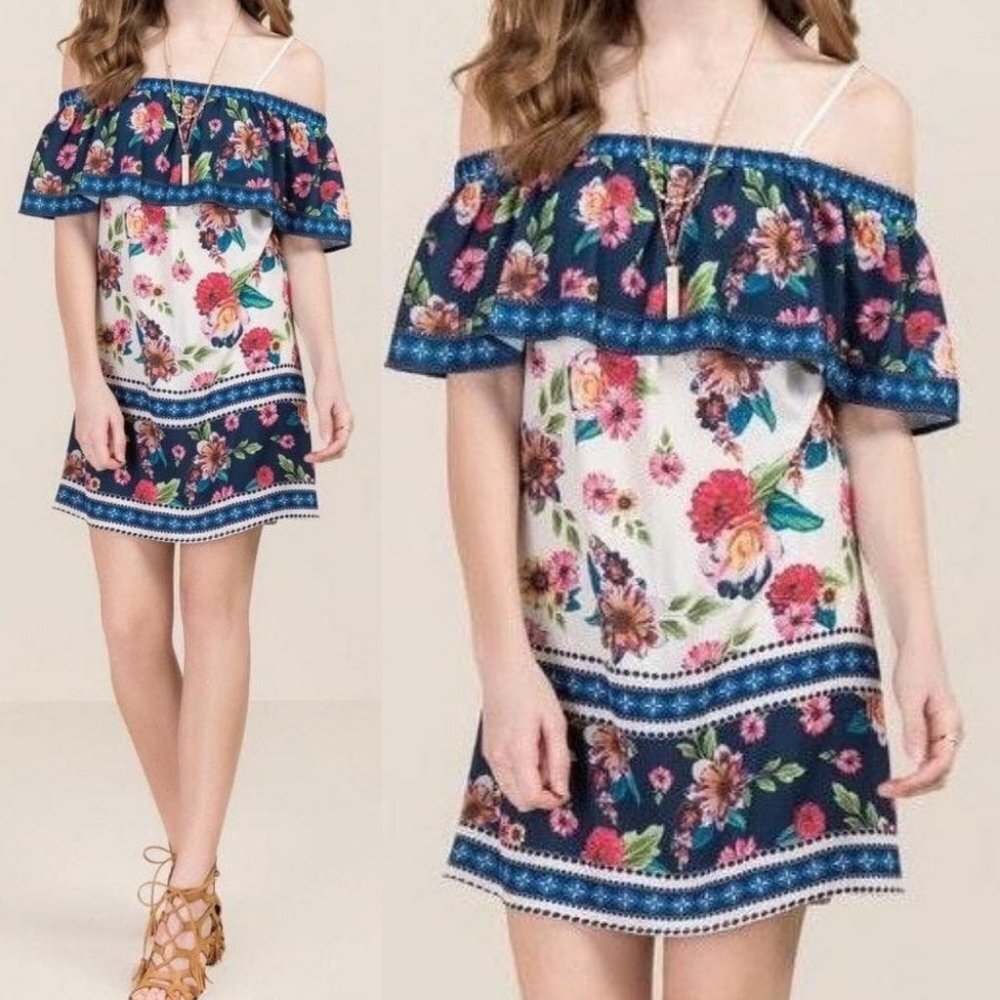 Blue Rain Floral Print Off The Shoulder Ruffle Dress Size Large Bohemian Boho L